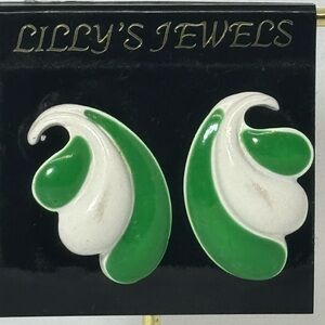 Vintage Green & White Enamel Earrings by Lilly’s - Classic & Elegant Design